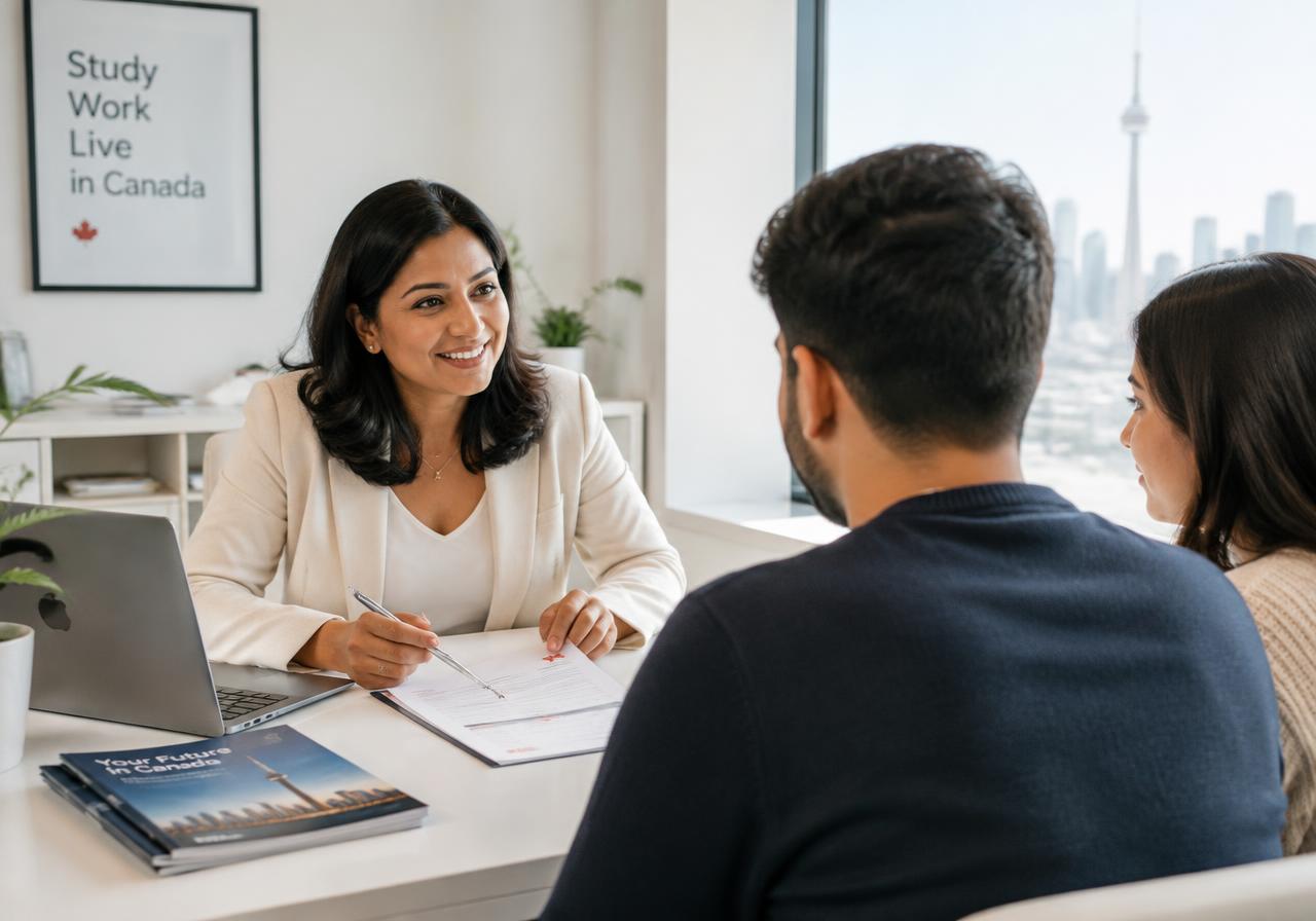 Consultant smiling while meeting a couple at a bright Toronto office desk