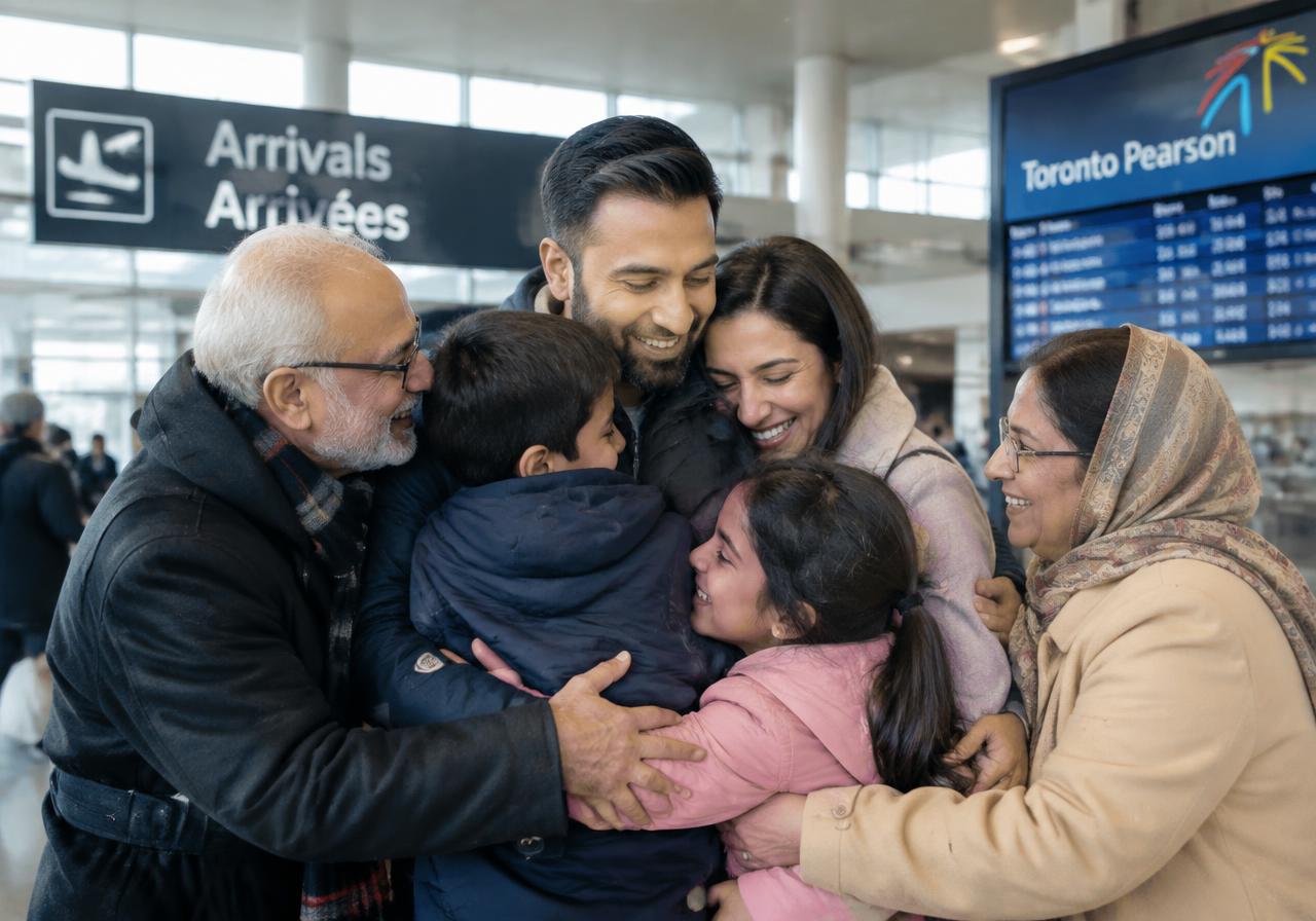 Family hugging joyfully in the arrivals hall at Toronto Pearson airport