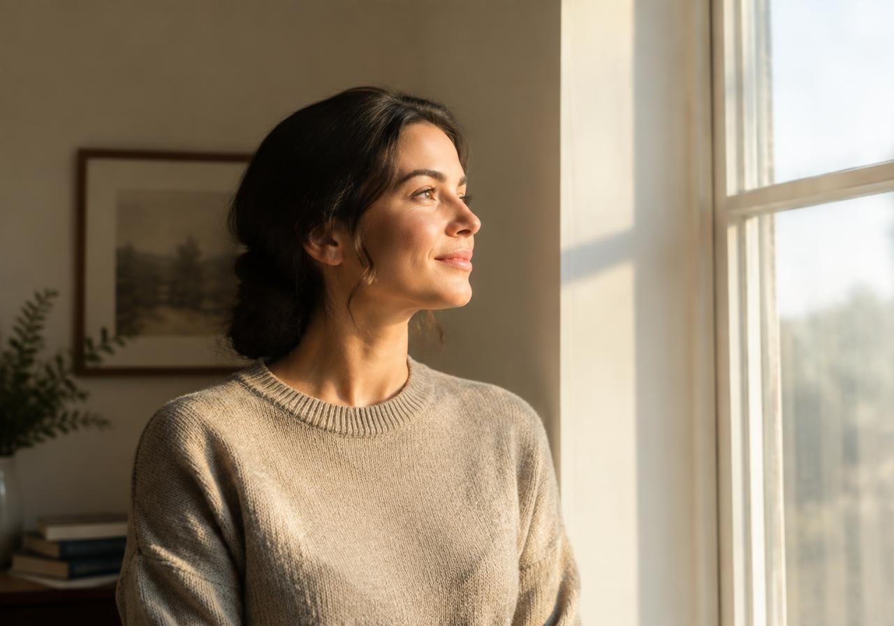 Woman looking hopefully out of a sunlit window