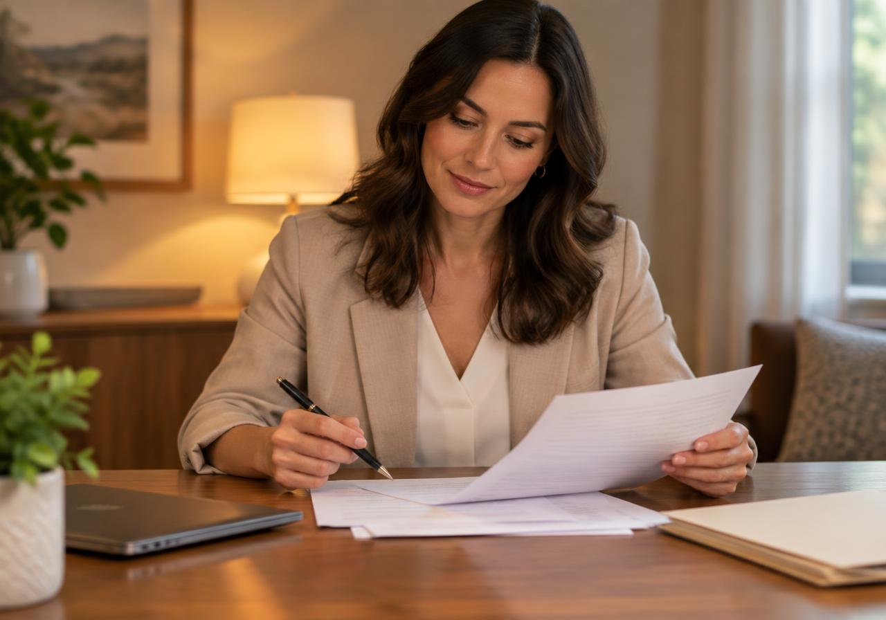 Consultant carefully reviewing documents at a desk in warm lamp light