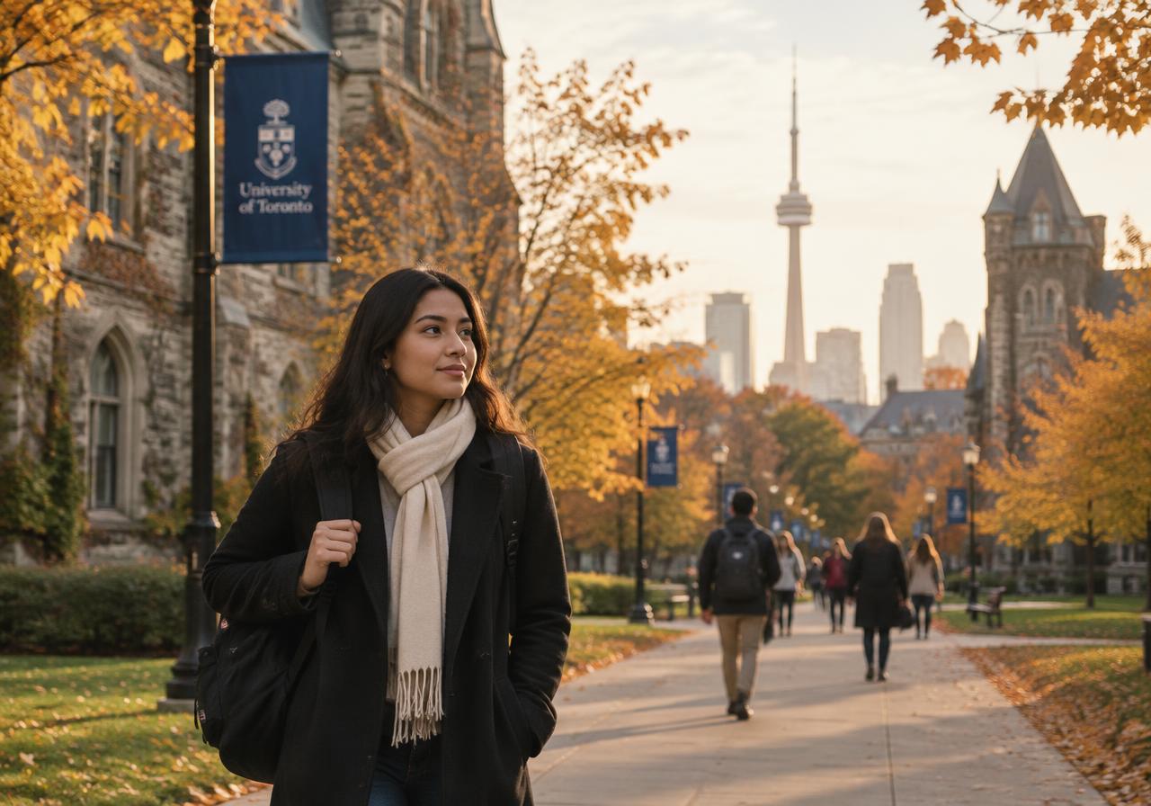 International student walking through a Toronto university campus in autumn
