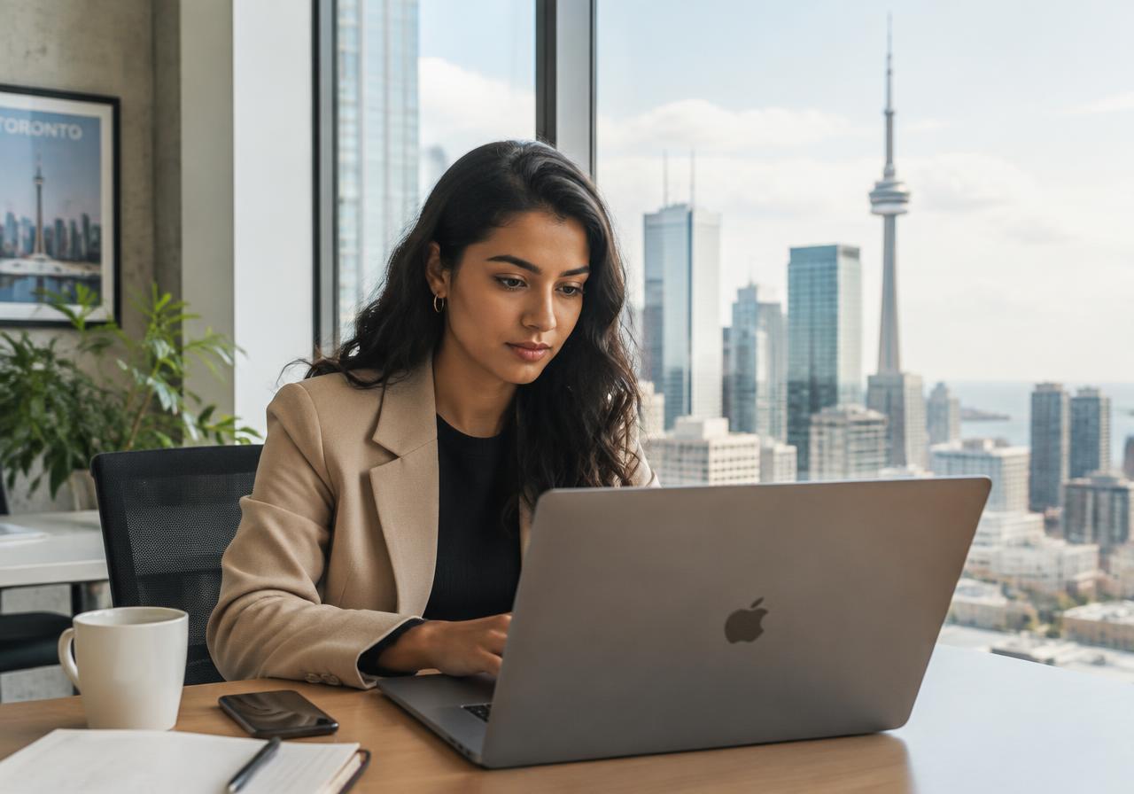 Young professional working on a laptop in a Toronto office overlooking the skyline